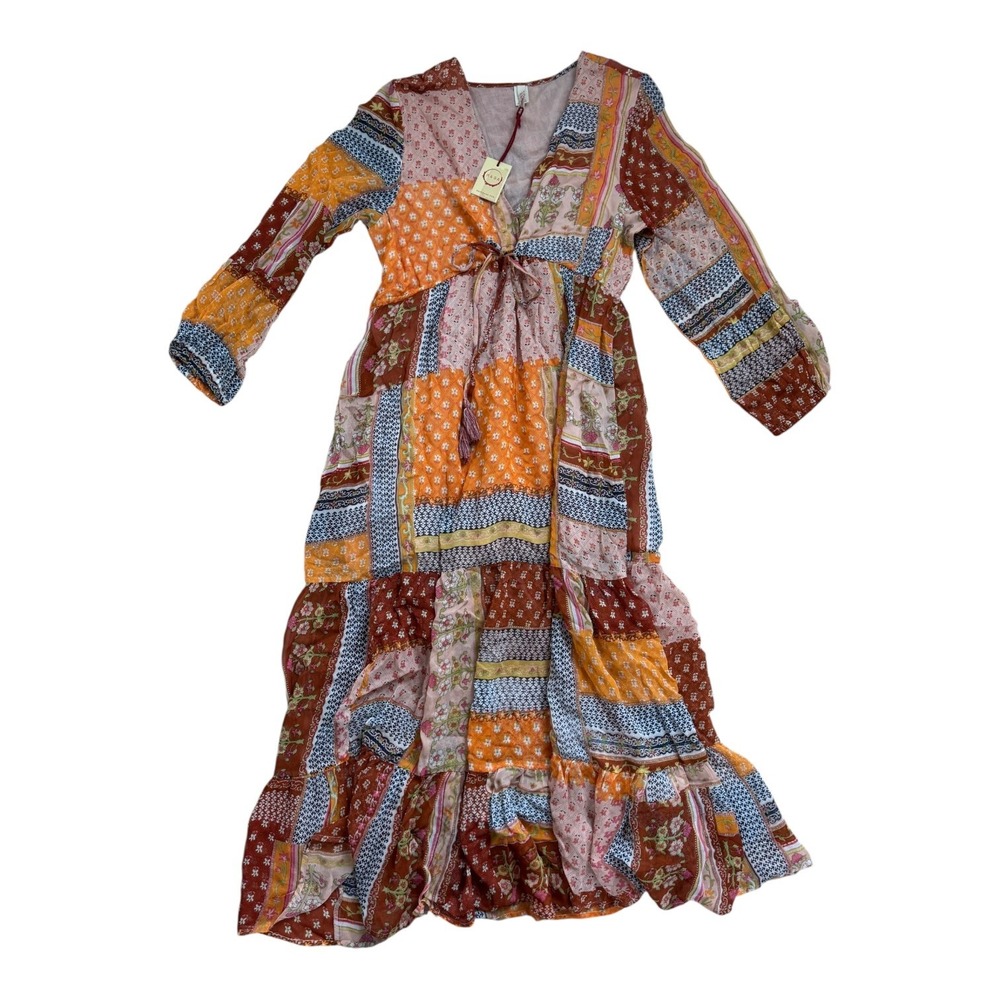 Raga Women Patchworkโ Floral Maxi Dress V-Neck Boho Orange Multi R4312 L NEW